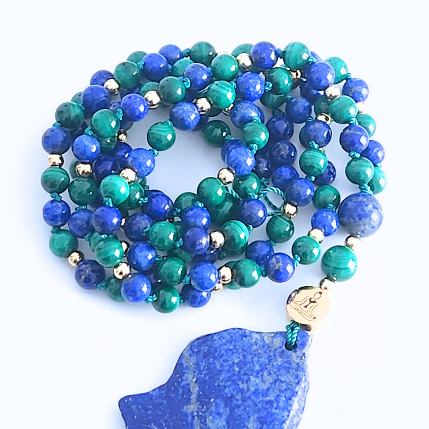 Mala en pierre naturelle de lapis-lazuli et malachite.