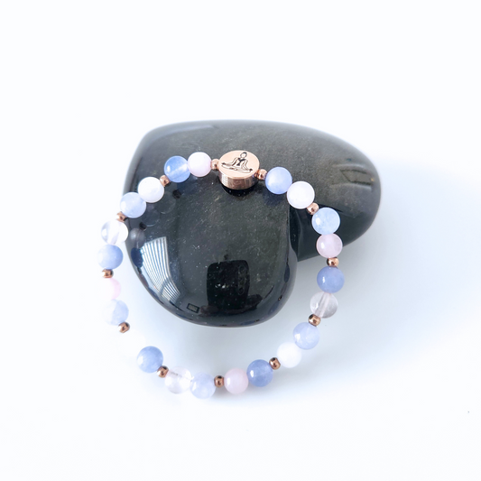 Bracelet pour femme en pierre naturelle de quartz rose et aigue-marine.