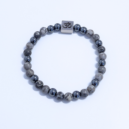 Bracelet pour homme en pierre naturelle de jaspe gris et d'hématite.