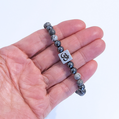 Bracelet pour homme en pierre naturelle de jaspe gris et d'hématite.