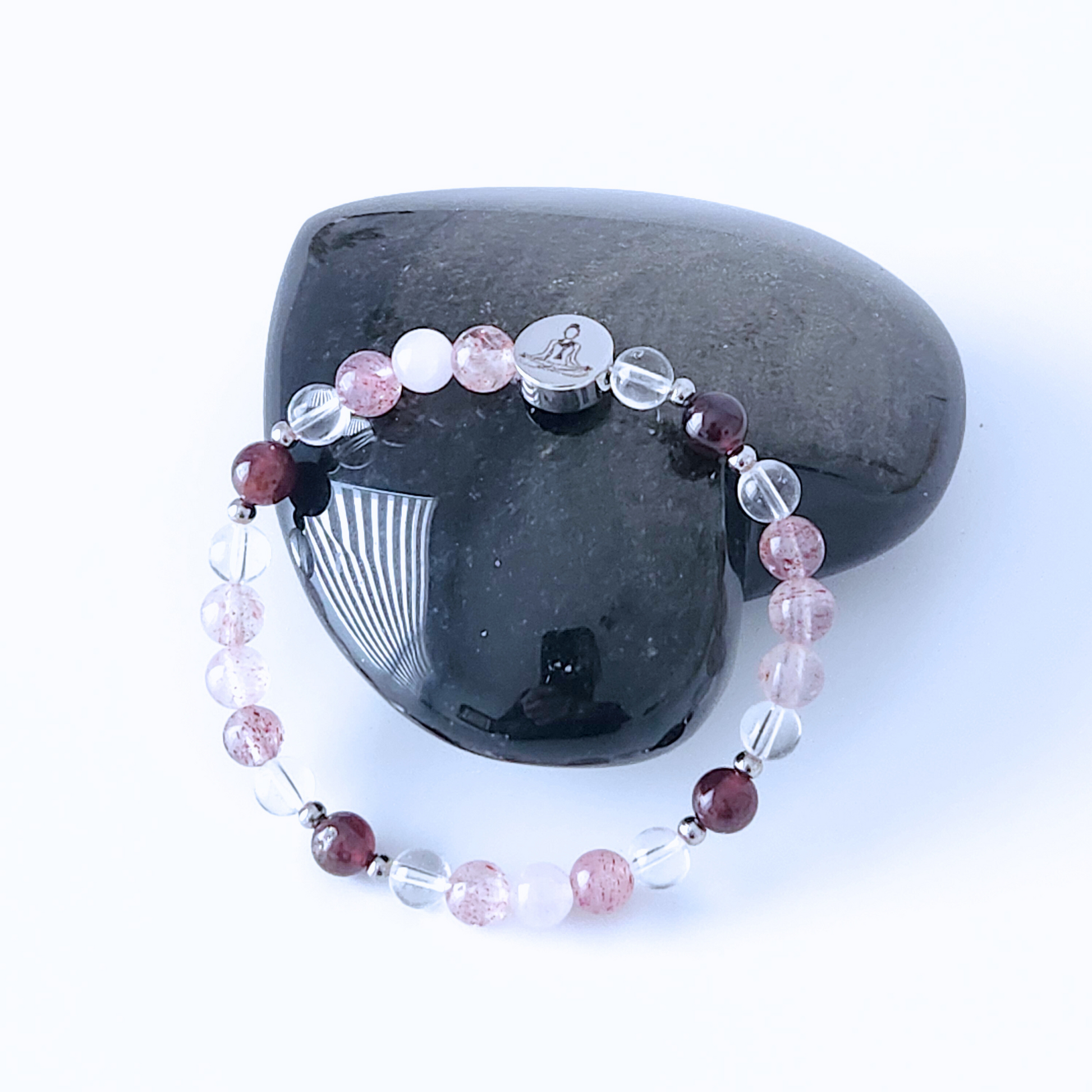 Bracelet pour femme en pierre naturelle de quartz fraise, grenat rouge, quartz clair et quartz rose.