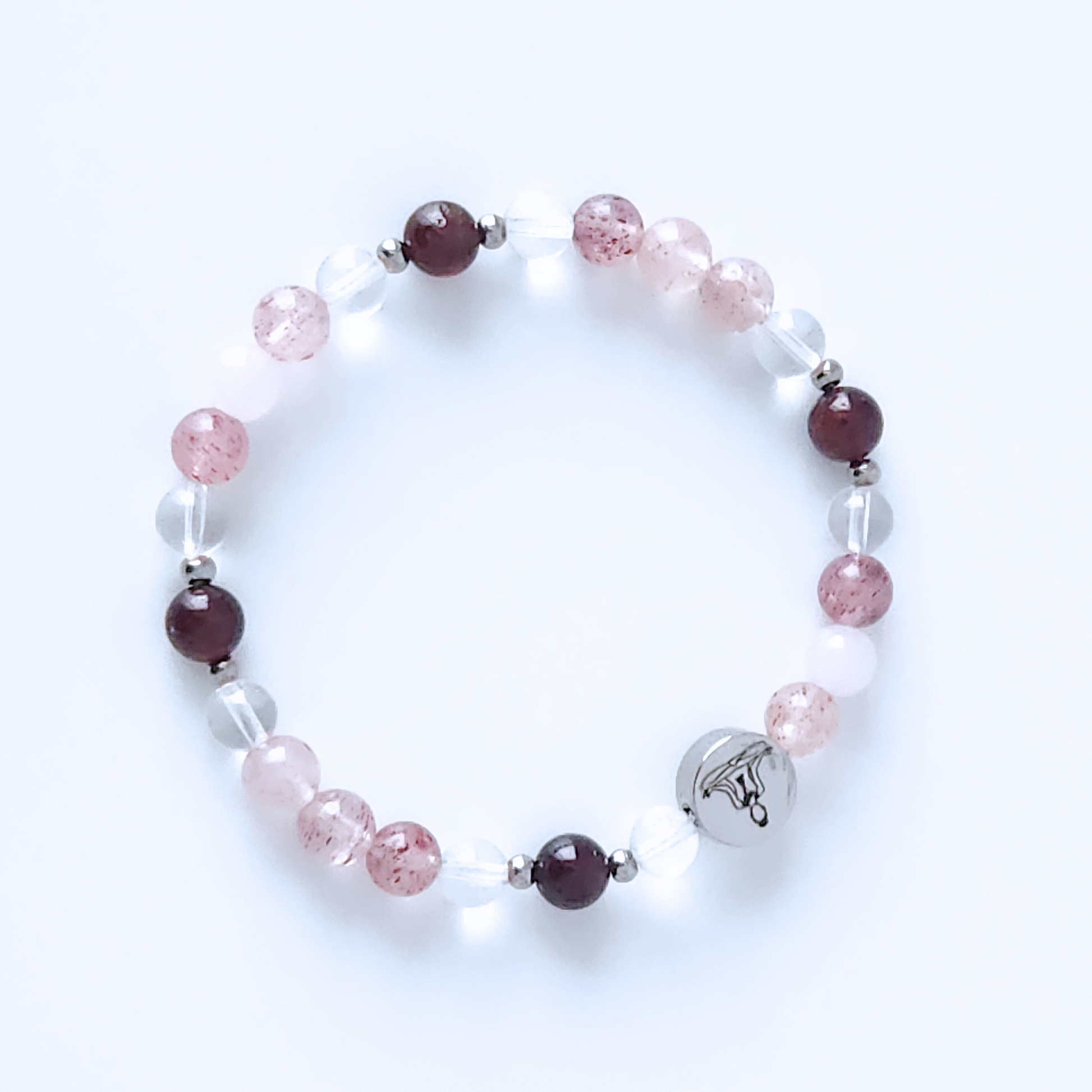 Bracelet pour femme en pierre naturelle de quartz fraise, grenat rouge, quartz clair et quartz rose.