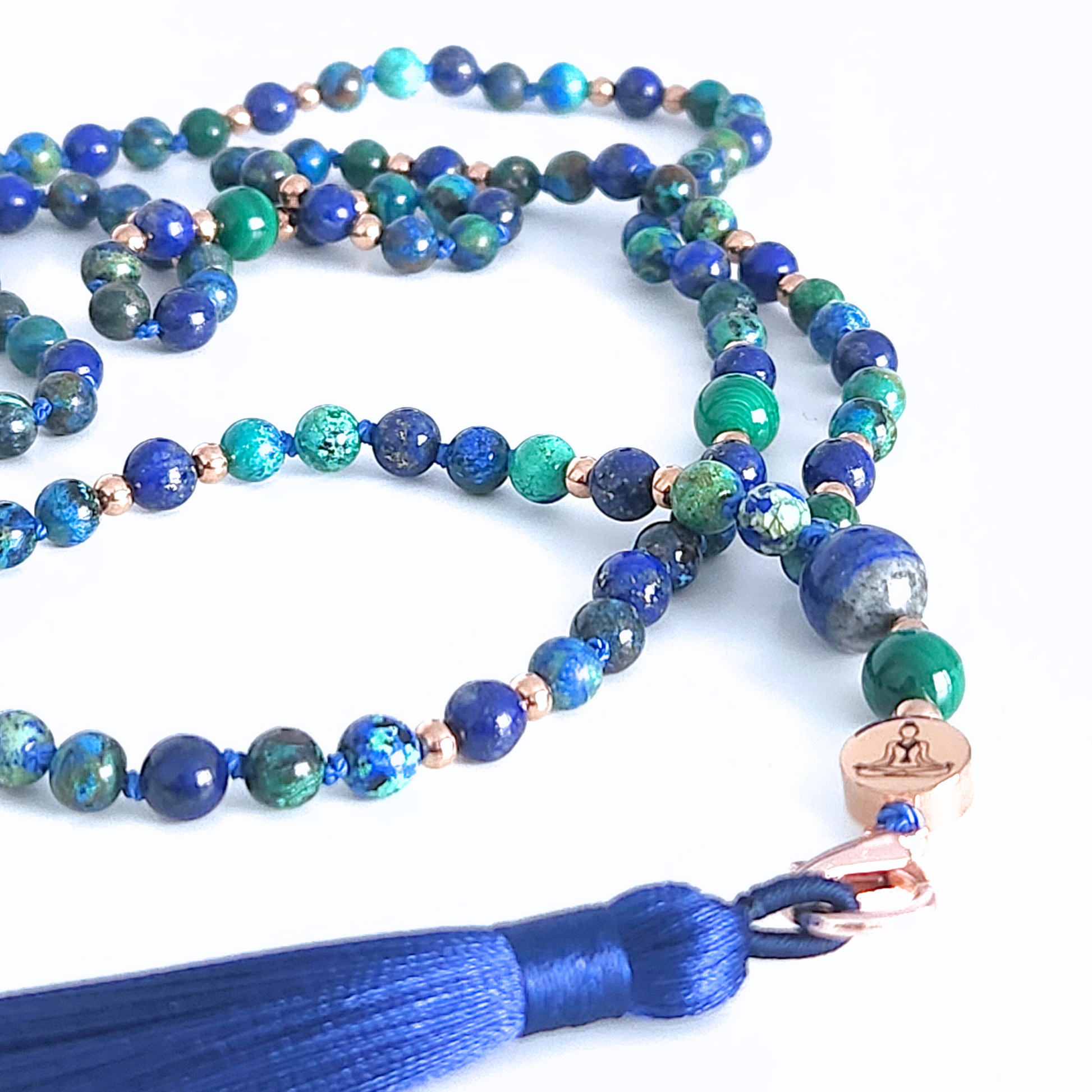 Mala en pierre naturelle d’azurite-malachite, lapis lazuli et malachite.