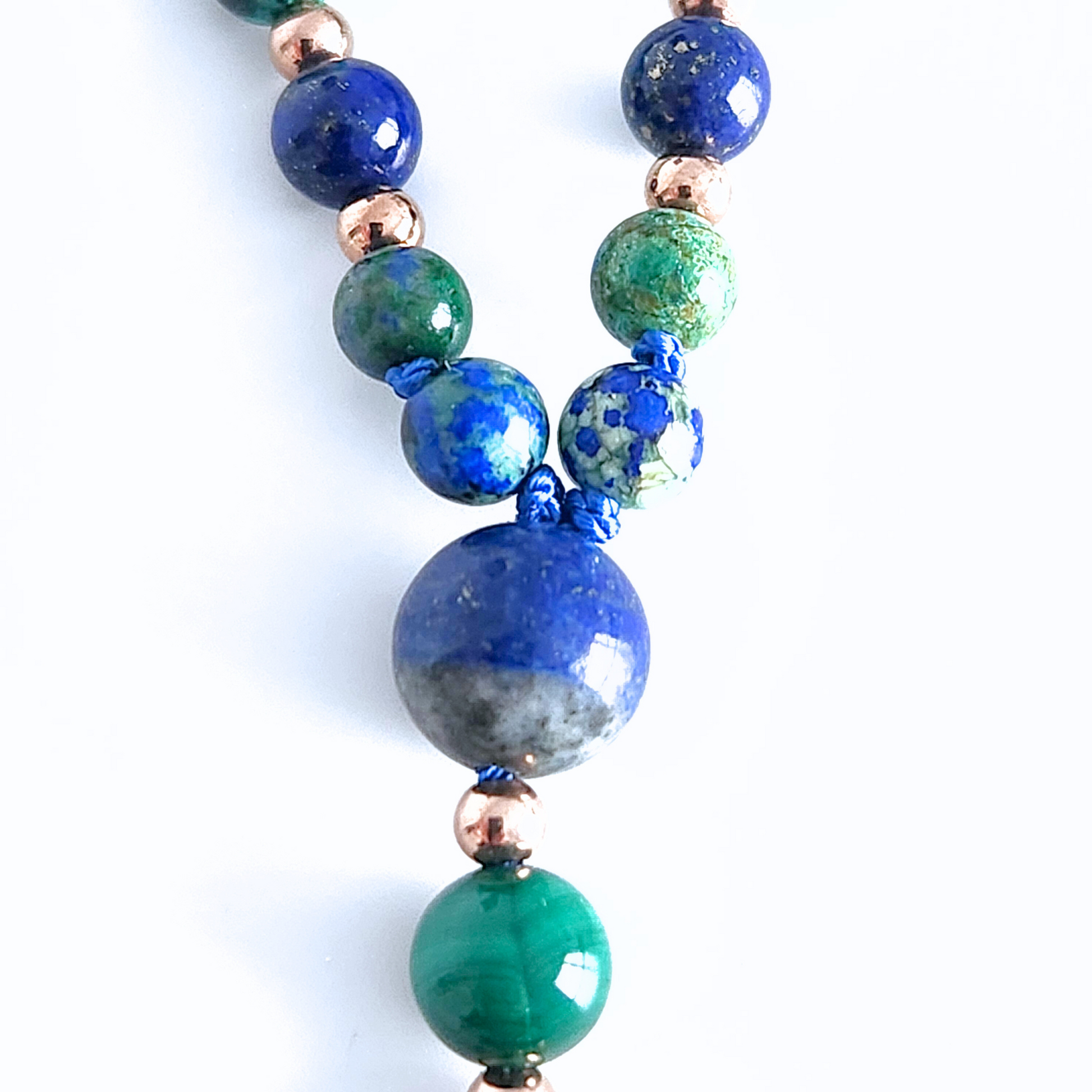 Mala en pierre naturelle d’azurite-malachite, lapis lazuli et malachite.