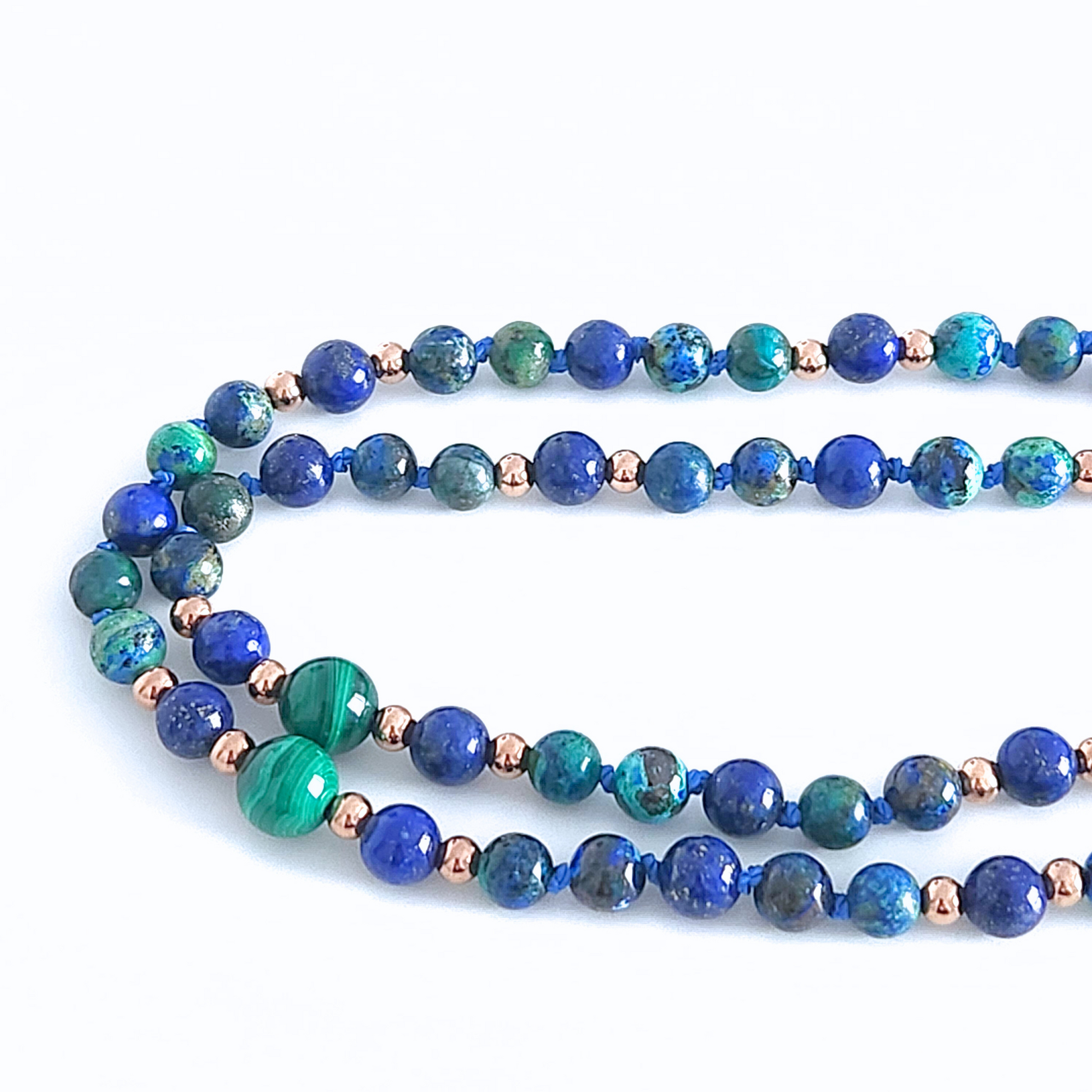 Mala en pierre naturelle d’azurite-malachite, lapis lazuli et malachite.