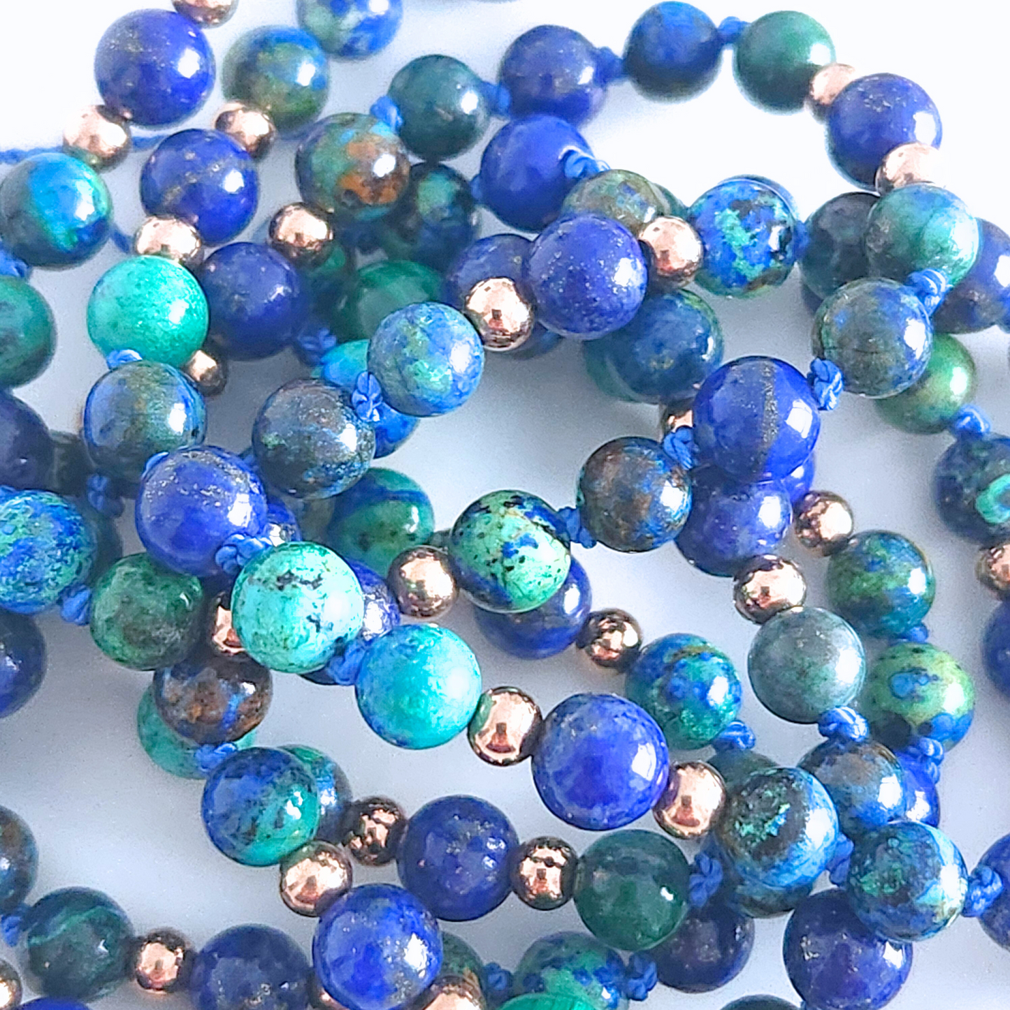 Mala en pierre naturelle d’azurite-malachite, lapis lazuli et malachite.