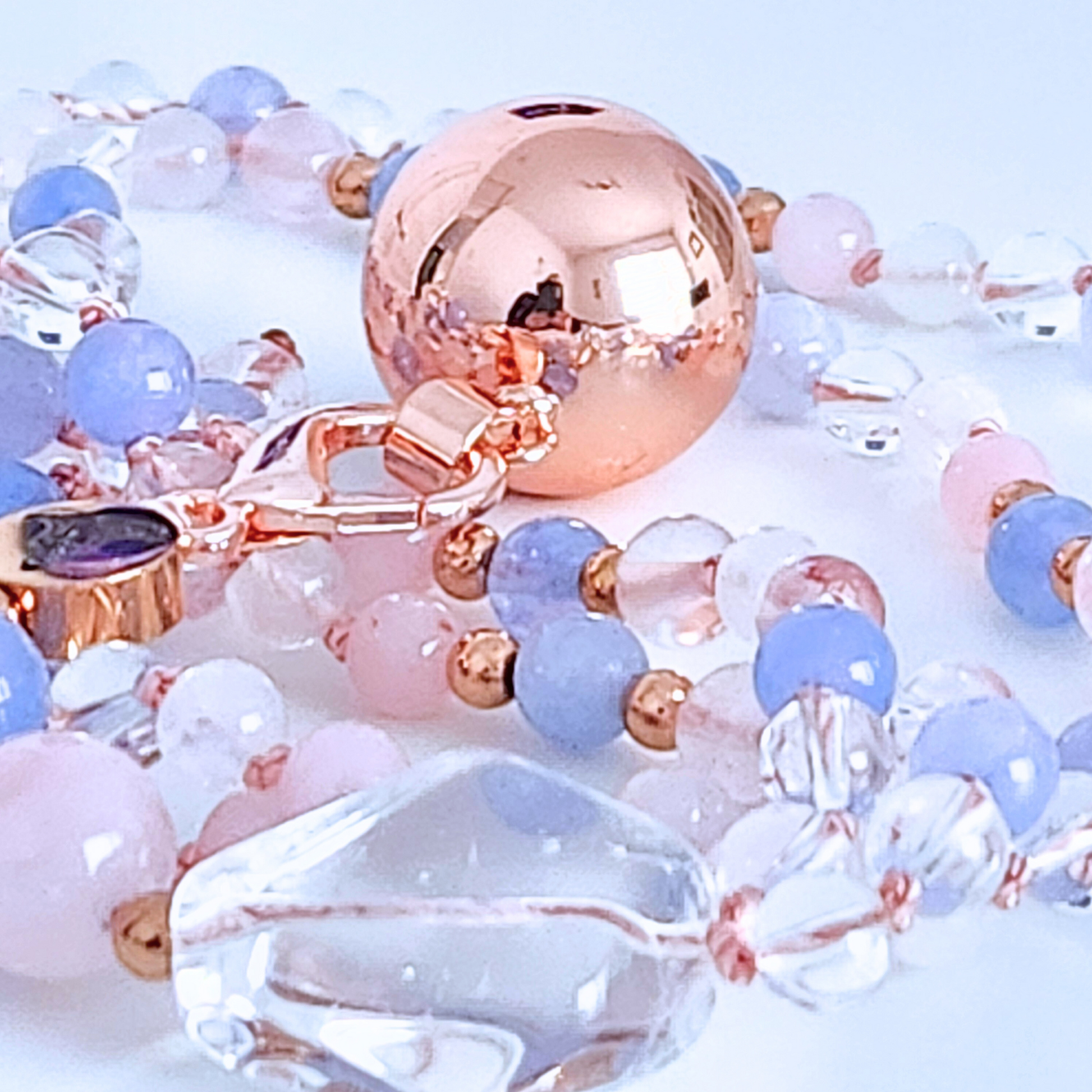 Mala bola de grossesse de 108 perles en pierre naturelle de quartz rose, aigue marine, pierre de lune et quartz clair de 6 mm pour future maman.