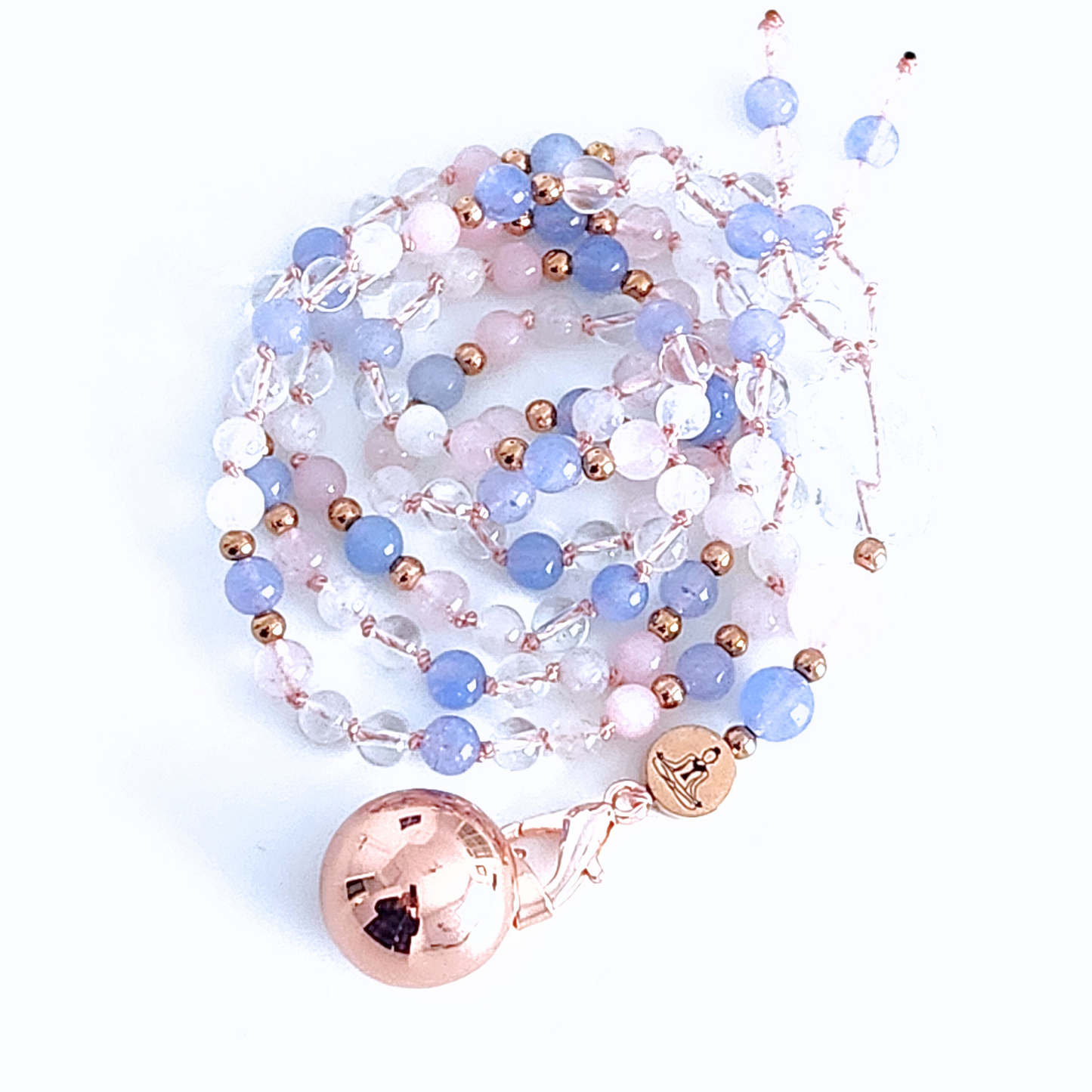 Mala bola de grossesse de 108 perles en pierre naturelle de quartz rose, aigue marine, pierre de lune et quartz clair de 6 mm pour future maman.