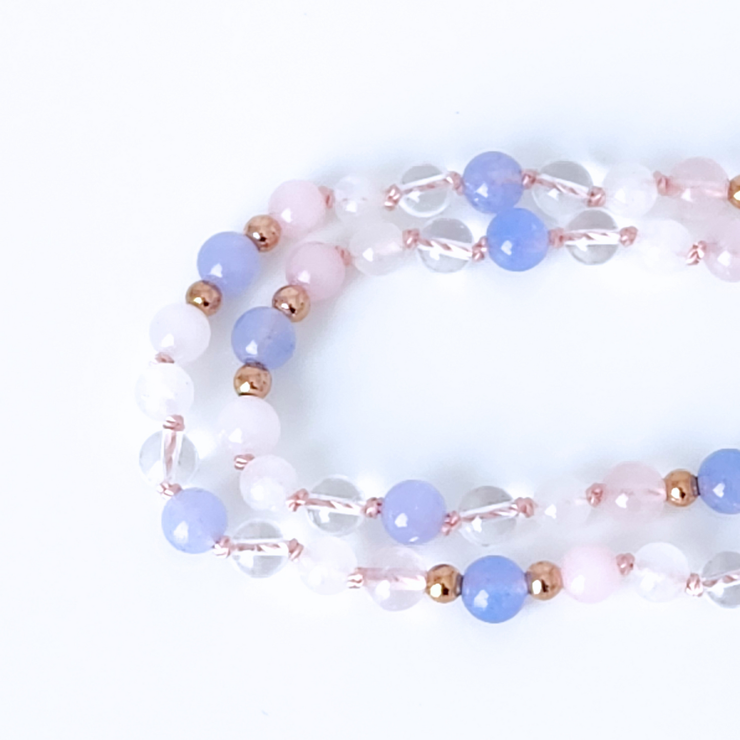 Mala bola de grossesse de 108 perles en pierre naturelle de quartz rose, aigue marine, pierre de lune et quartz clair de 6 mm pour future maman.