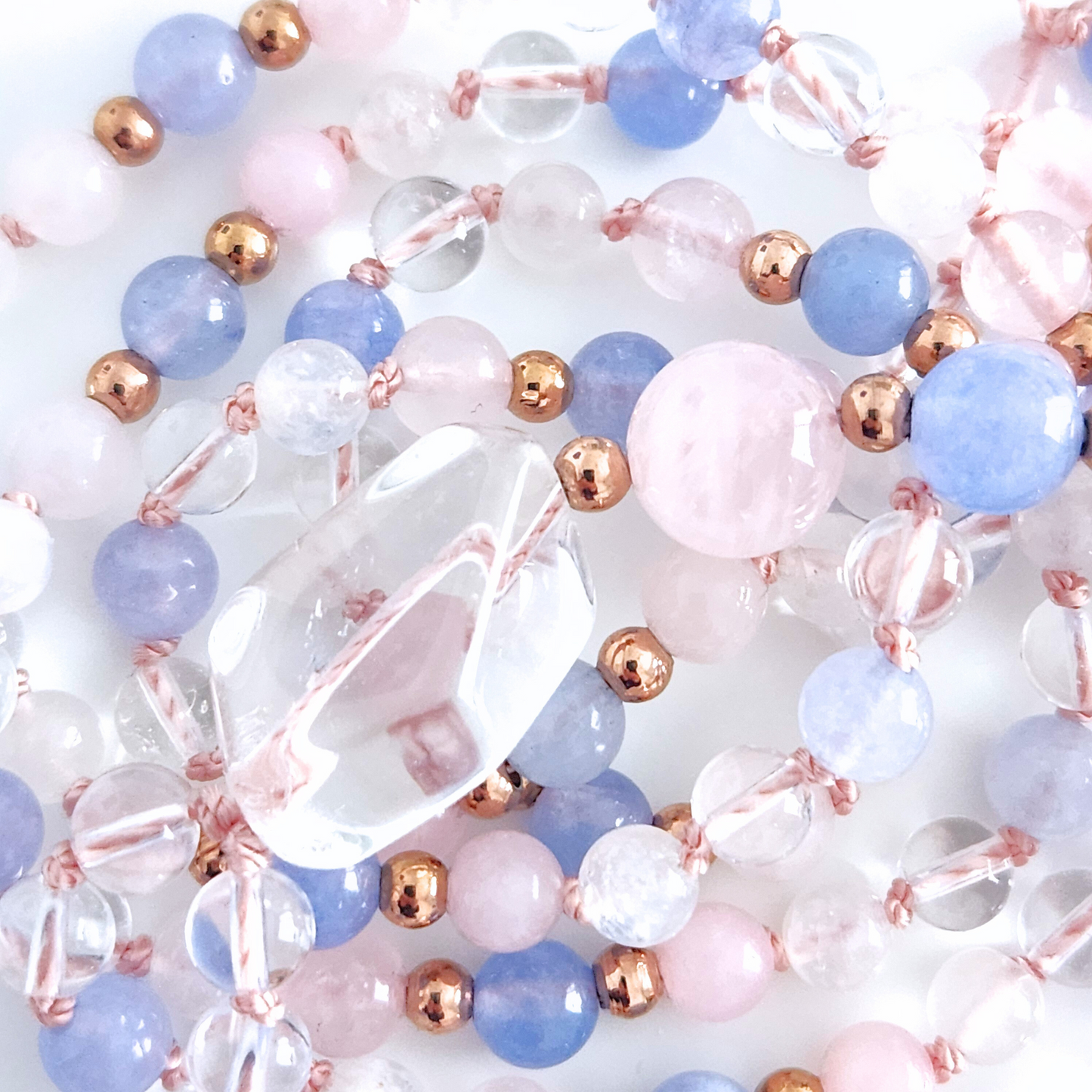 Mala bola de grossesse de 108 perles en pierre naturelle de quartz rose, aigue marine, pierre de lune et quartz clair de 6 mm pour future maman.