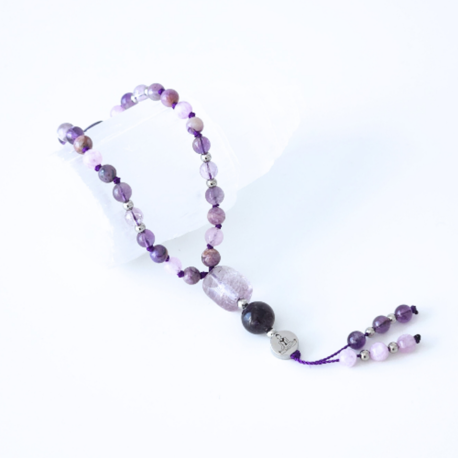 Mini mala de poche en pierre naturelle de charoïte, améthyste et kunzite.